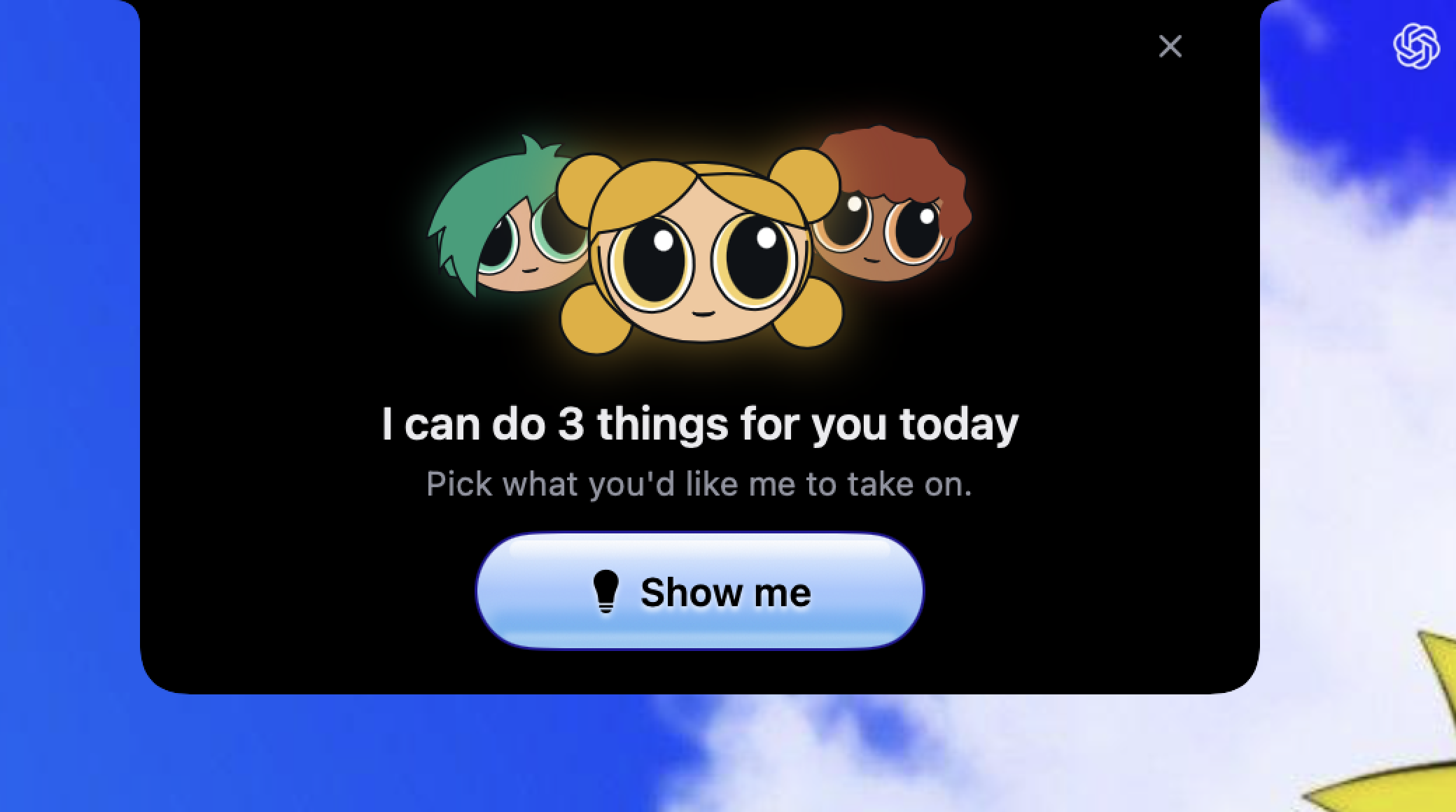 Three Clickys in the notch offering help for the day with a Show me button