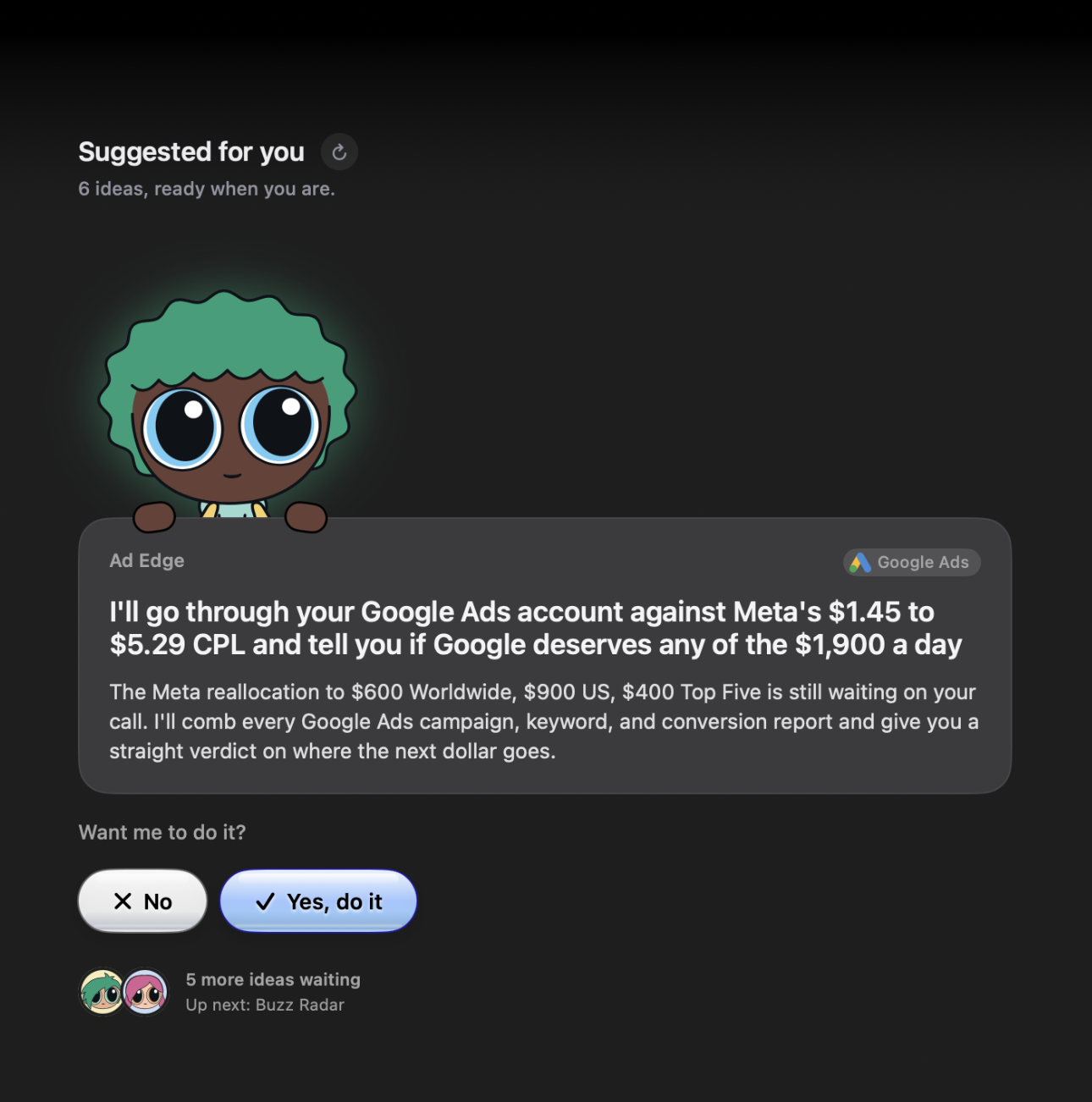 A Clicky suggests reviewing Google Ads performance, with options to approve or skip the task