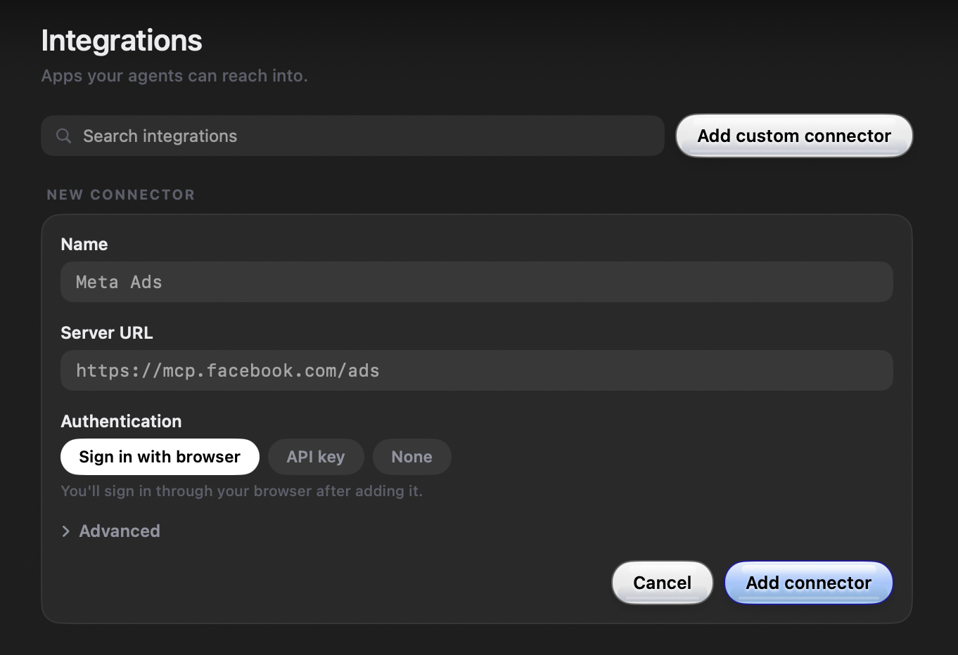 The custom connector form with a server URL, browser sign-in, API key, and advanced options